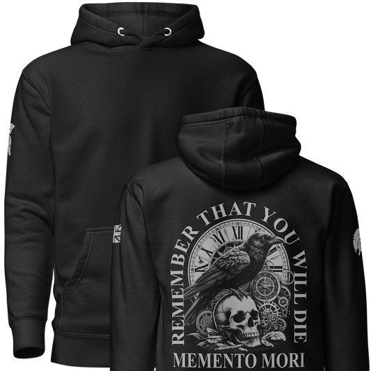 Front and back view of Black unisex fit Pullover Hoodie by Achilles Tactical Clothing Brand printed with Large Memento Mori design across back