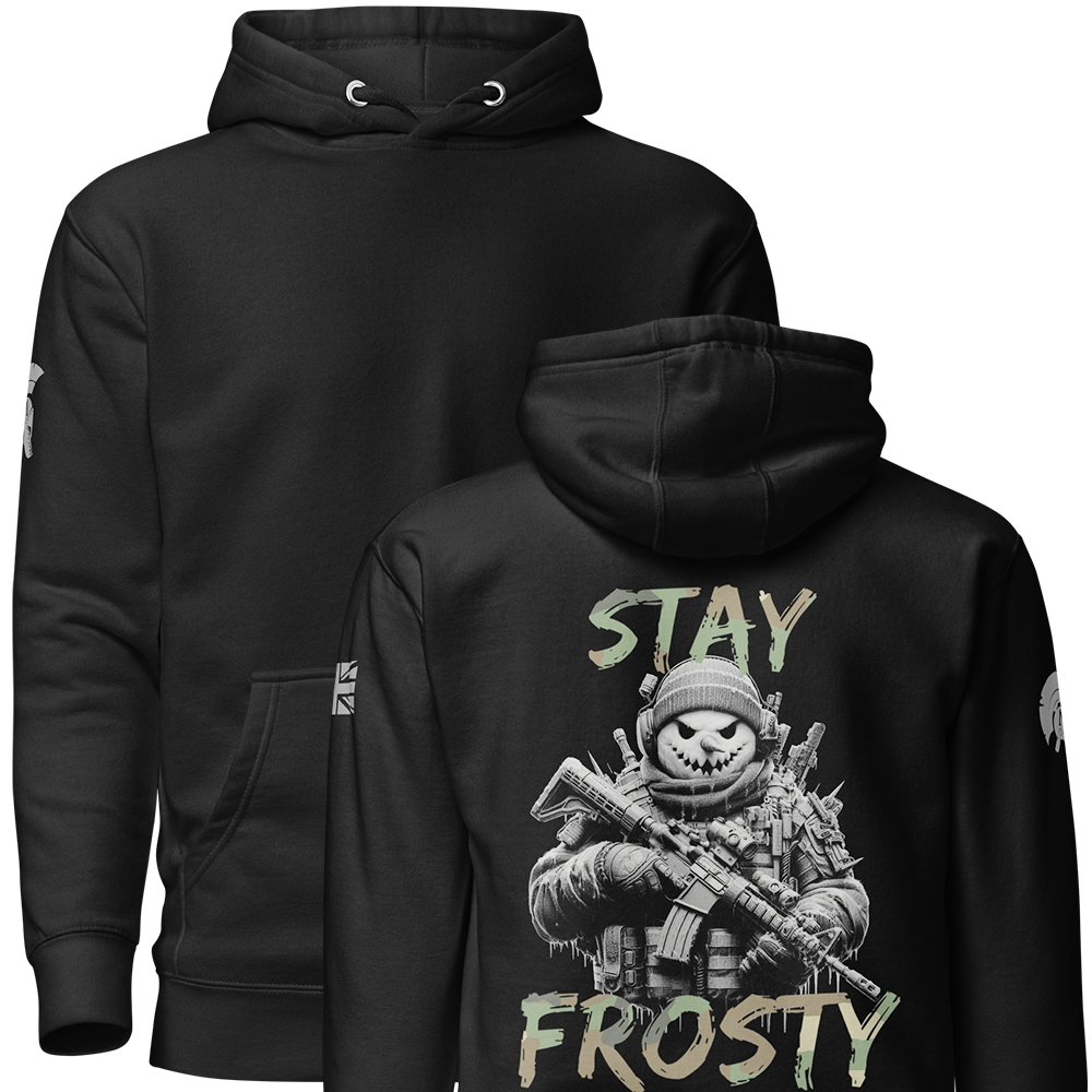 Front and back view of Black unisex fit Pullover Hoodie by Achilles Tactical Clothing Brand printed with Large Stay Frosty design across back