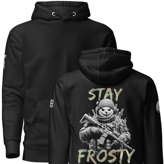 Front and back view of Black unisex fit Pullover Hoodie by Achilles Tactical Clothing Brand printed with Large Stay Frosty design across back