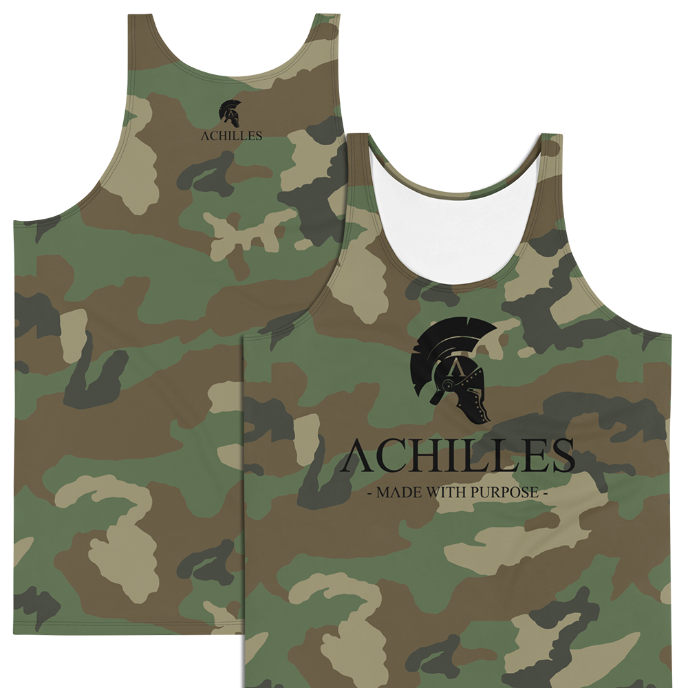 Front and Back view of Green DPM CAM sleeveless Tank top by Achilles Tactical Clothing Brand printed with Black signature design