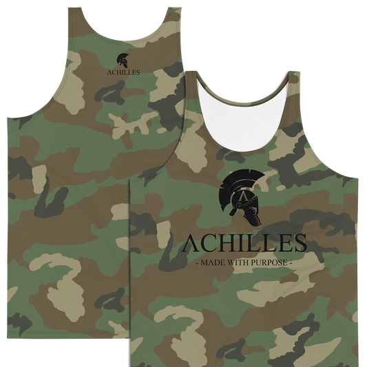 Front and Back view of Green DPM CAM sleeveless Tank top by Achilles Tactical Clothing Brand printed with Black signature design