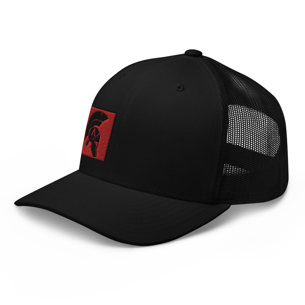 Left front view mesh snap back embroidered achilles black cap