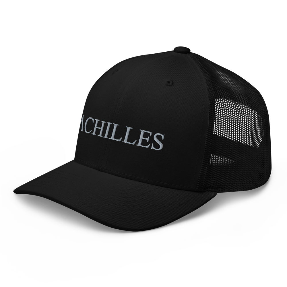 Front left view of Achilles mesh snap back embroidered achilles black cap