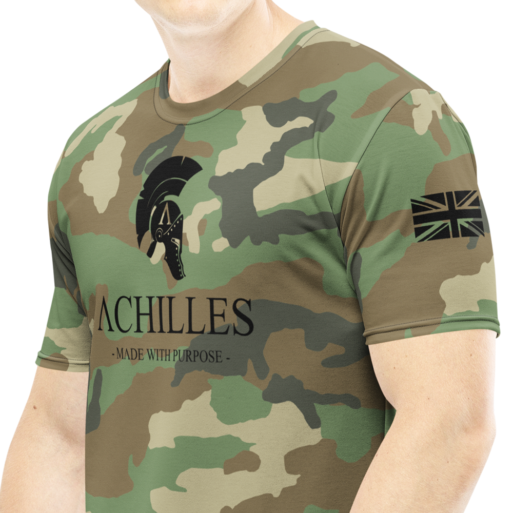 Front left view of man wearing DPM Cam short sleeve unisex fit athletic Tee by Achilles Tactical Clothing Brand printed with black Signature design across chest