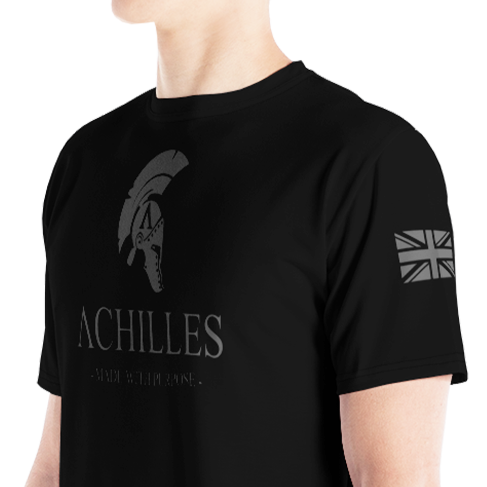 Front left view of man wearing Black short sleeve unisex fit athletic Tee by Achilles Tactical Clothing Brand printed with Signature design across chest