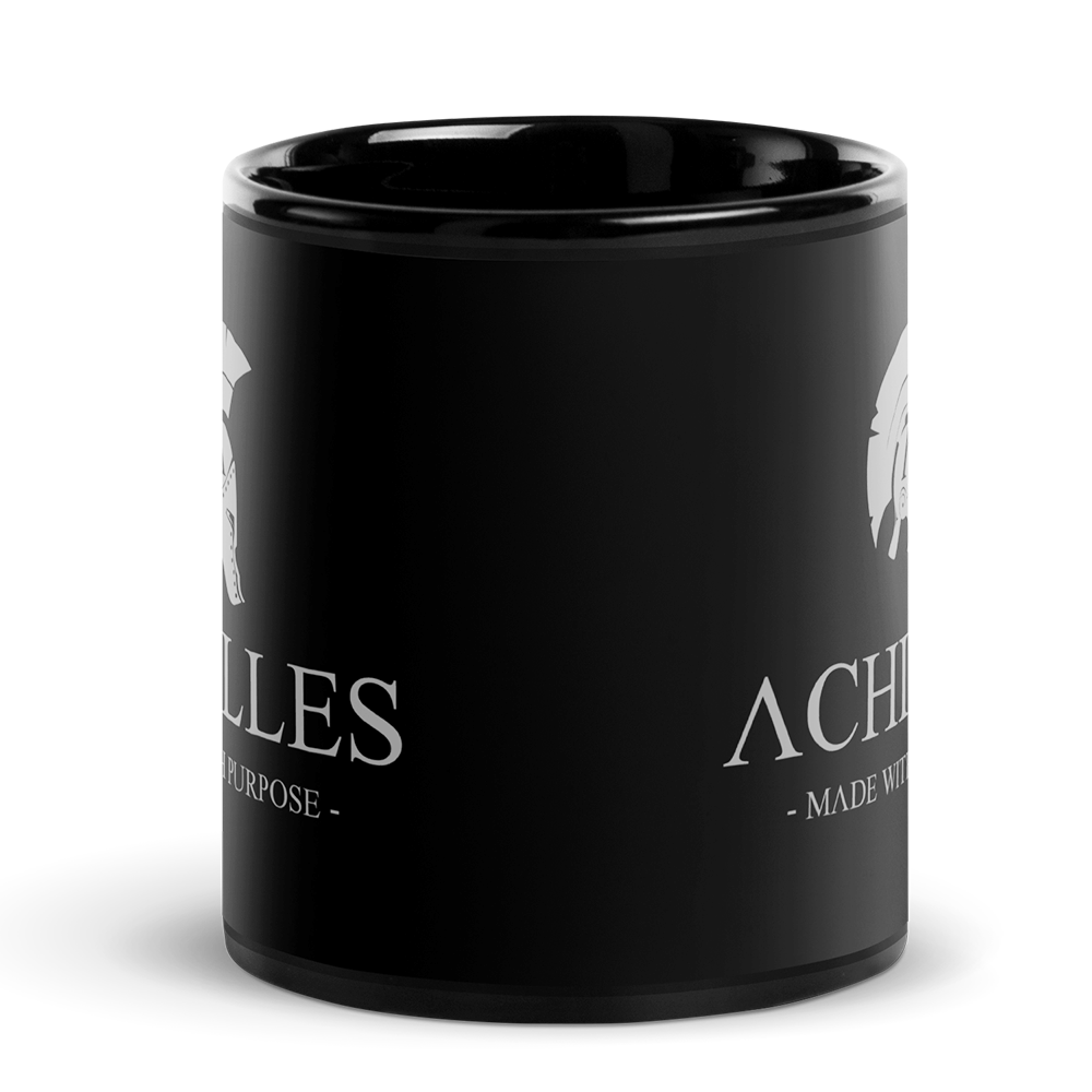 Front of 11oz black glossy ceramic mug with wolf grey signature logo