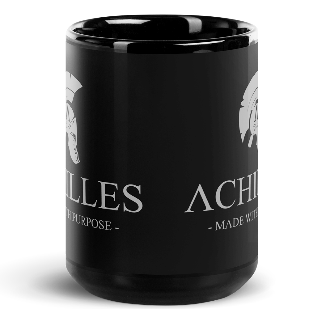 Front of 15oz black glossy ceramic mug with wolf grey signature logo