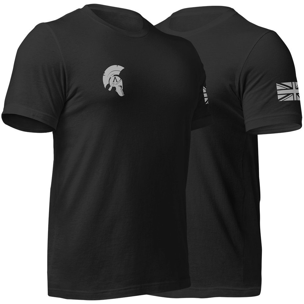 Front right and left view of Black short sleeve unisex fit original cotton T-Shirt by Achilles Tactical Clothing Brand printed with Large Archangel design across back