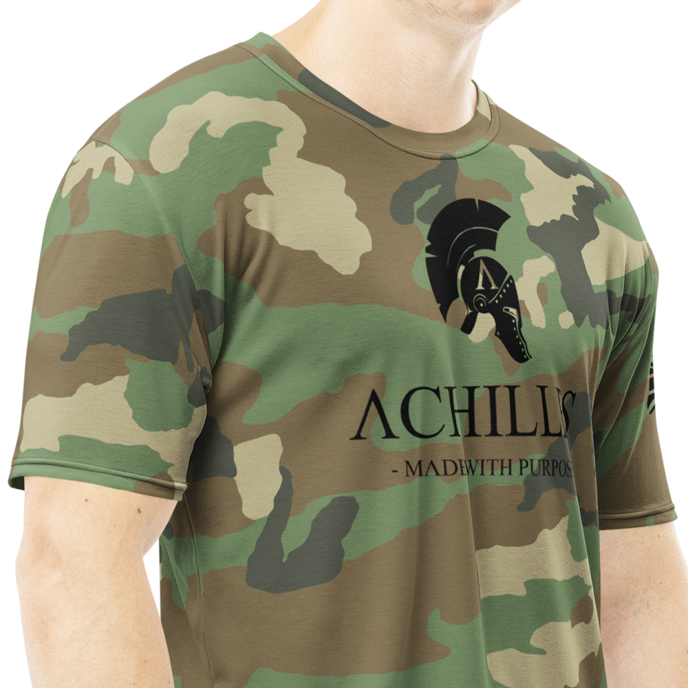 Front right view of man wearing DPM Cam short sleeve unisex fit athletic Tee by Achilles Tactical Clothing Brand printed with black Signature design across chest