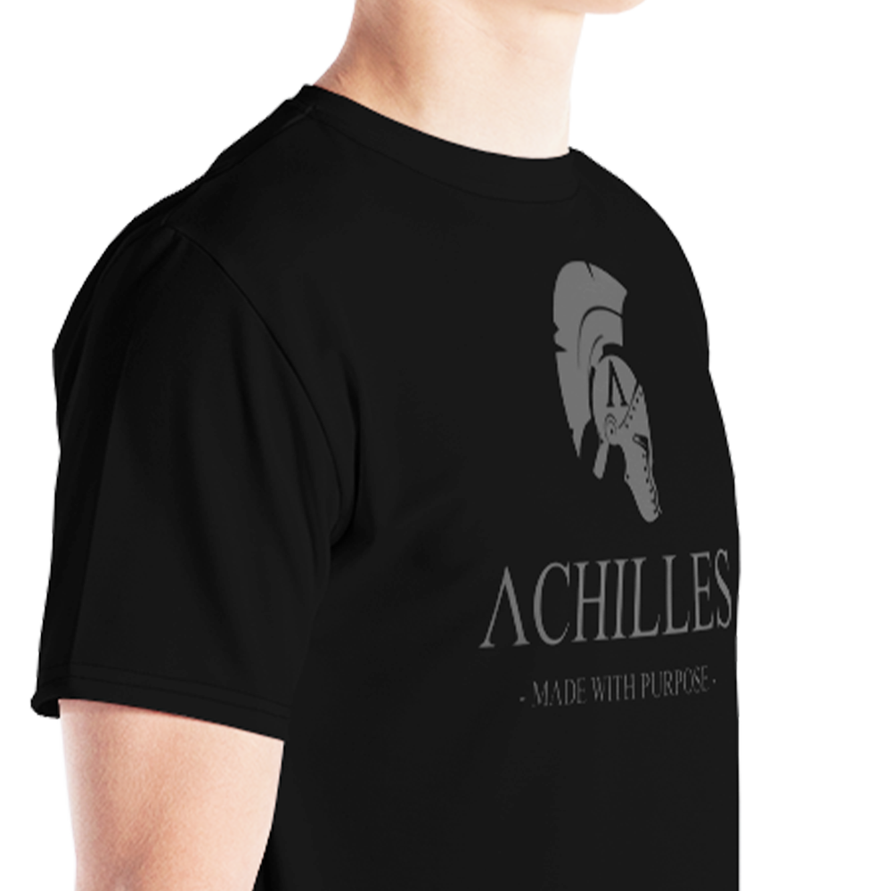 Front right view of man wearing Black short sleeve unisex fit athletic Tee by Achilles Tactical Clothing Brand printed with Signature design across chest