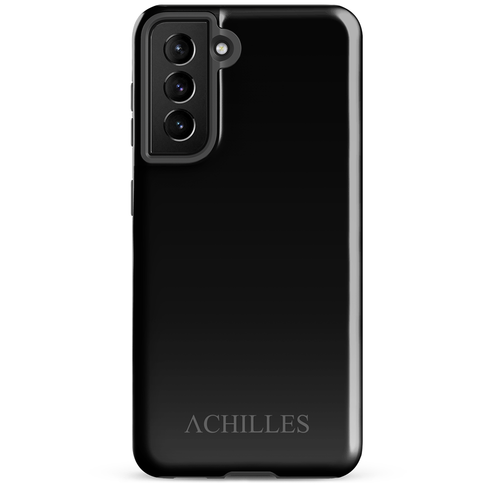 Front view of black Samsung tough phone case with Achilles Tactical Clothing Brand wording logo