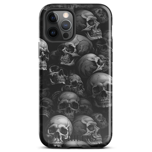 Front view of Grey Skulls iphone tough phone case with Achilles Tactical Clothing Brand wording logo