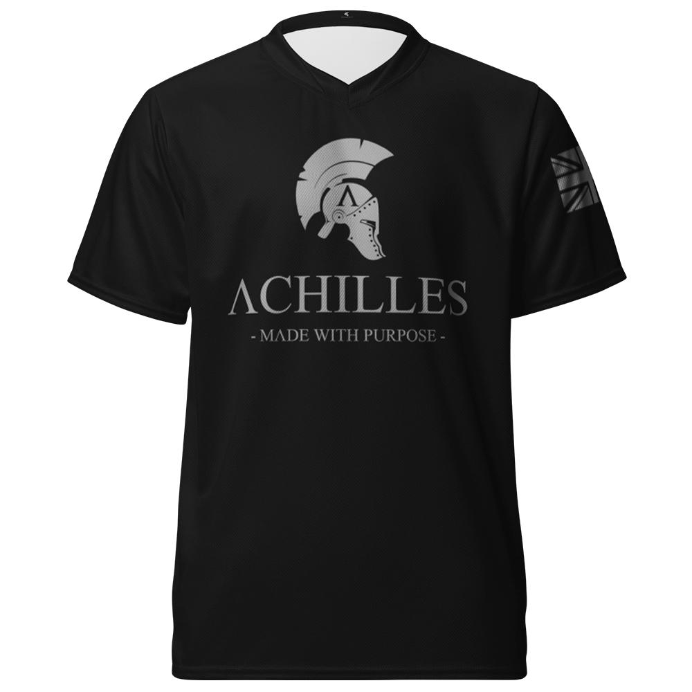 Front view of Black short sleeve unisex fit Performance Jersey by Achilles Tactical Clothing Brand printed with grey Signature design