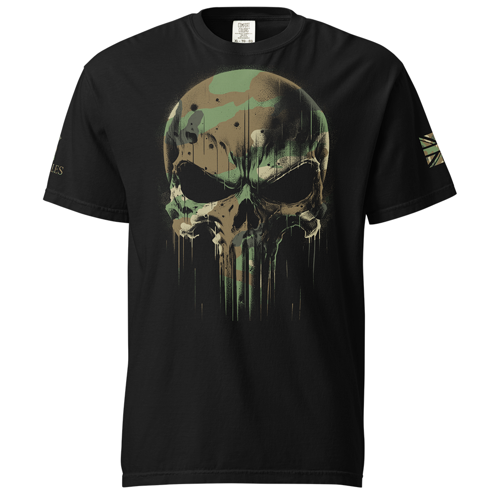 Front View of Black short sleeve classic cotton unisex fit T-Shirt by Achilles Tactical Clothing Brand with screen printed skull DPM Camo design on front