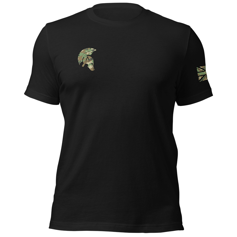 Front view of Black short sleeve unisex fit original cotton T-Shirt by Achilles Tactical Clothing Brand printed with DPM Skull Design across back