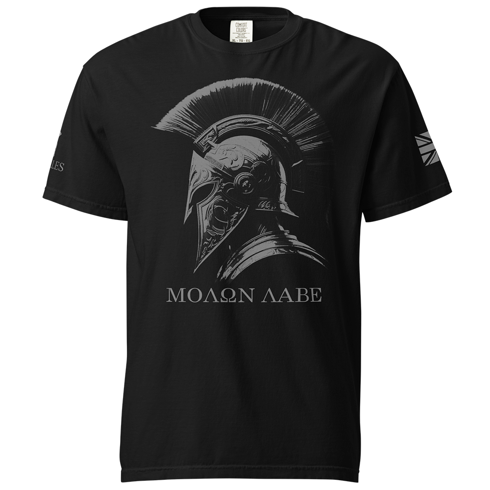 Front View of Black short sleeve classic cotton unisex fit T-Shirt by Achilles Tactical Clothing Brand with screen printed Molon Labe design on front