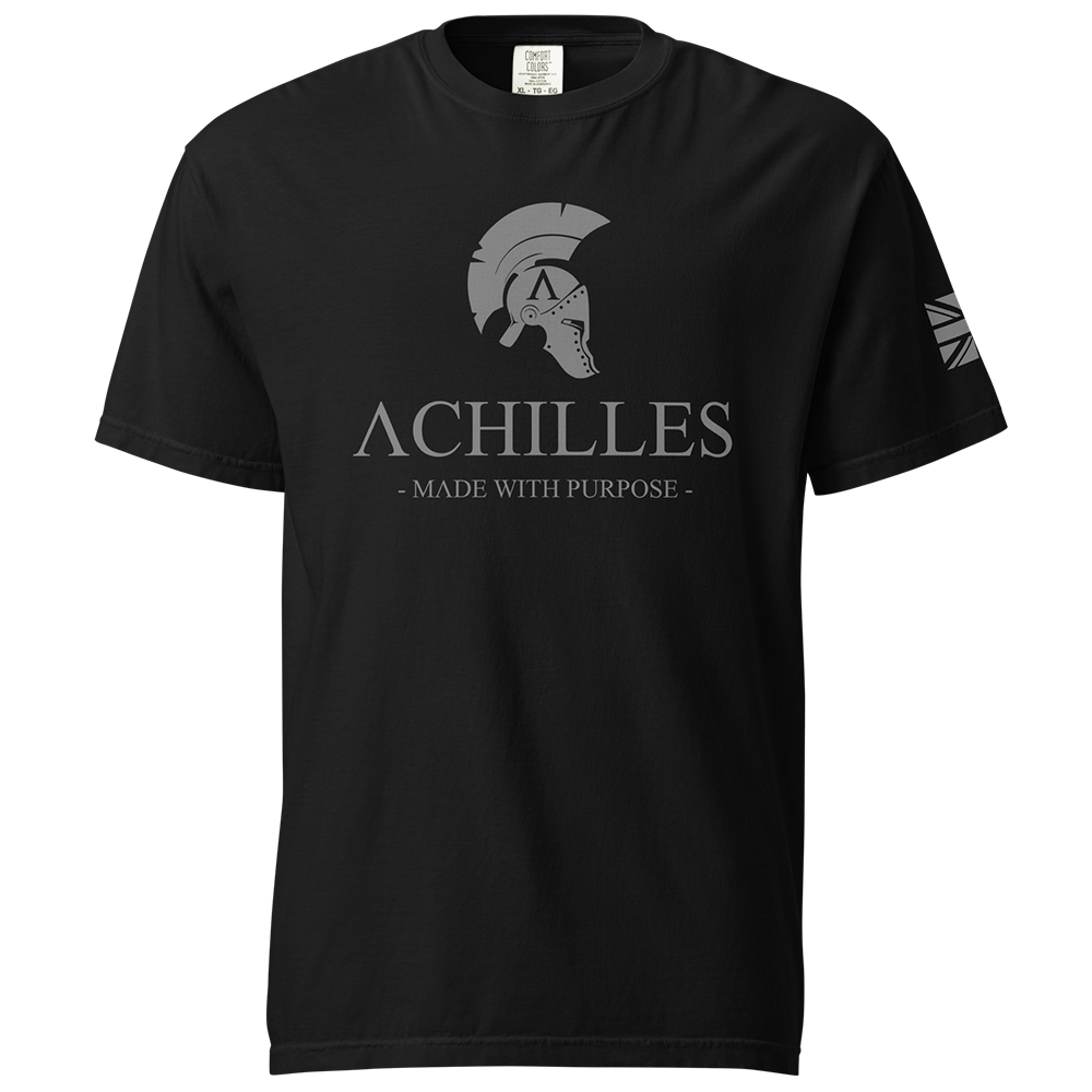 Front View of Black short sleeve classic cotton unisex fit T-Shirt by Achilles Tactical Clothing Brand with screen printed Signature design on front