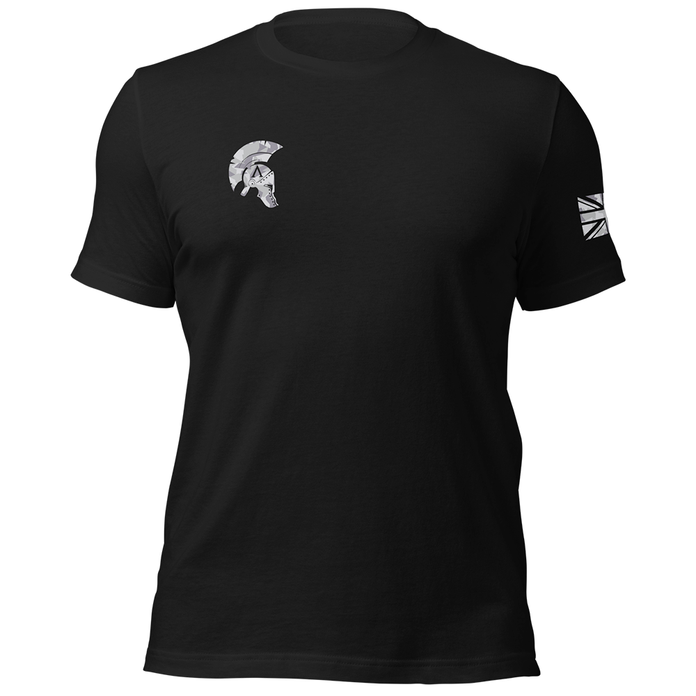 Front view of Black short sleeve unisex fit original cotton T-Shirt by Achilles Tactical Clothing Brand printed with Geo grey Cam small Icon logo on right chest