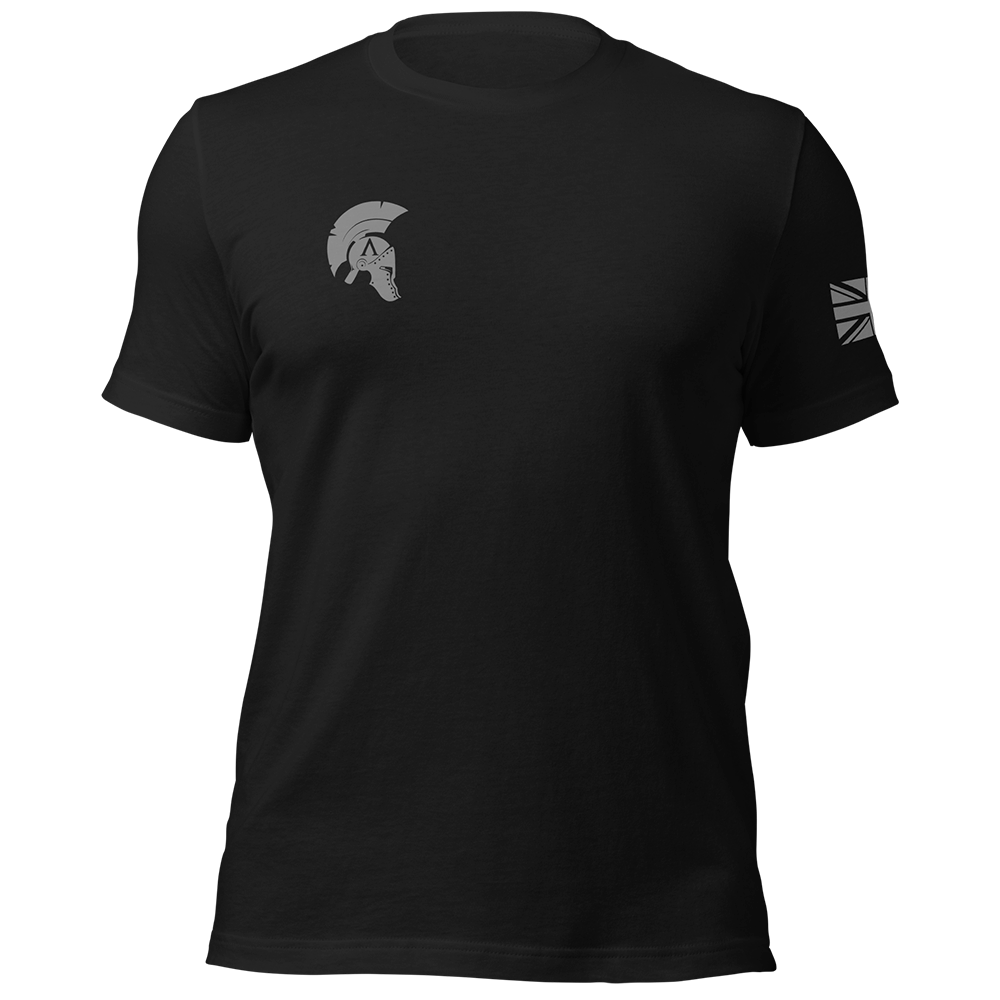 Front view of Black short sleeve unisex fit original cotton T-Shirt by Achilles Tactical Clothing Brand printed with Large Bolt Actions design across back