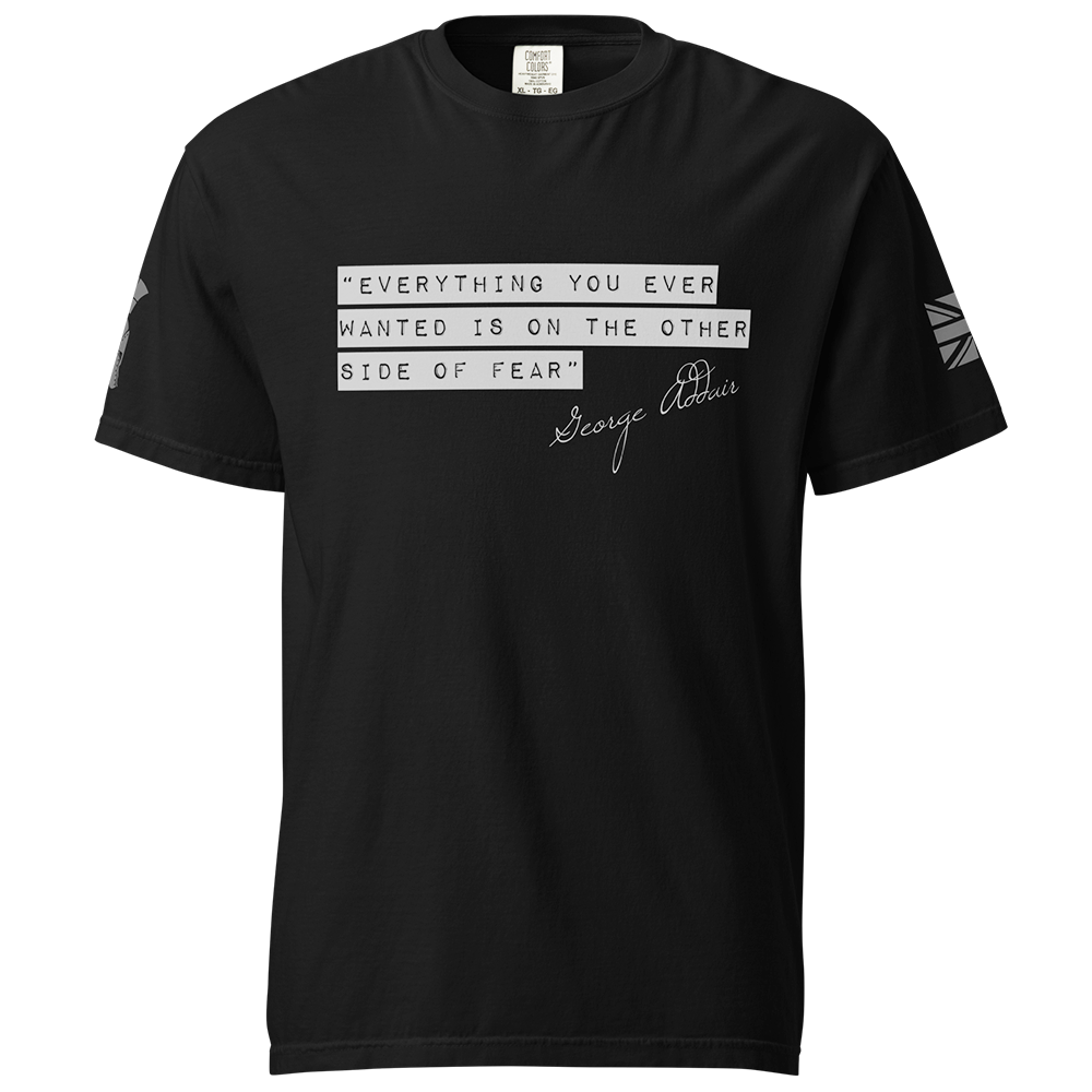 Front view of Black short sleeve classic cotton unisex fit T-Shirt by Achilles Tactical Clothing Brand with screen printed the other side of fear quote design on front