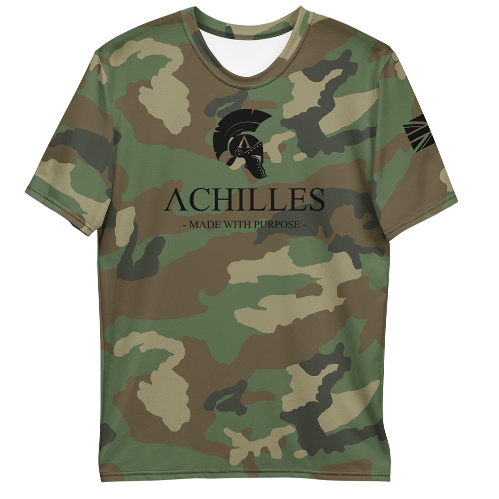 Front view of DPM Cam short sleeve unisex fit athletic Tee by Achilles Tactical Clothing Brand printed with black Signature design across chest