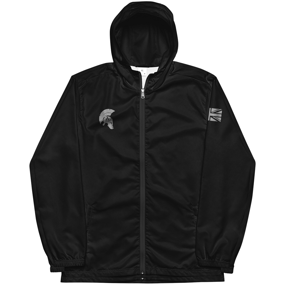 Front view of Black long sleeve unisex fit windbreaker track jacket by Achilles Tactical Clothing Brand printed with Achilles signature logo across back