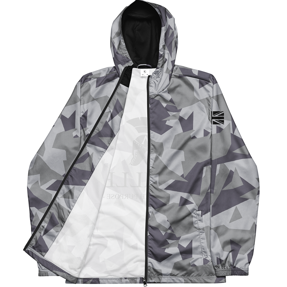 Front open zipper view of Grey Geo Cam long sleeve unisex fit windbreaker track jacket by Achilles Tactical Clothing Brand printed with Achilles signature logo across back