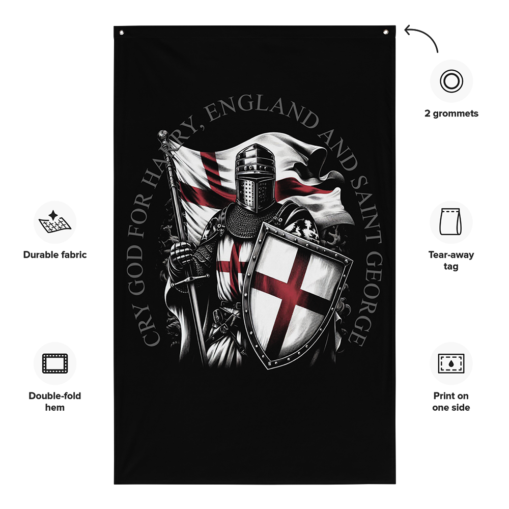 Front view of all over print vertical banner flag from Achilles Tactical Clothing Brand with For Saint George design with details