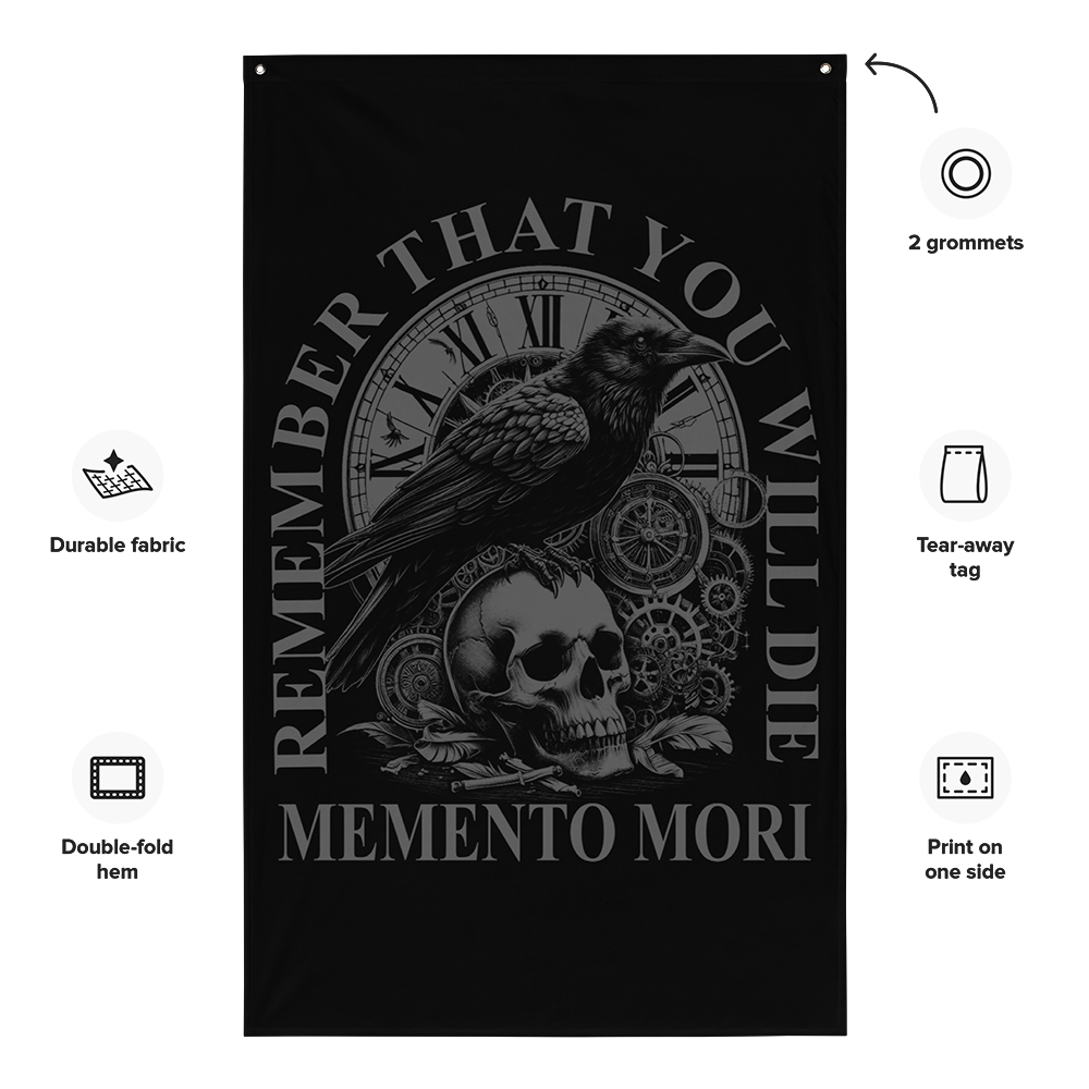 Front view of all over print vertical banner flag from Achilles Tactical Clothing Brand with Memento Mori design with details