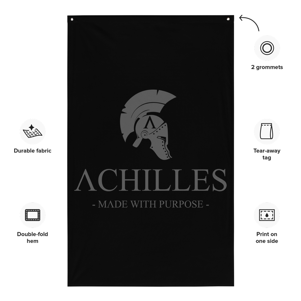 Front view of all over print vertical banner flag from Achilles Tactical Clothing Brand with No Quarter Given design with details