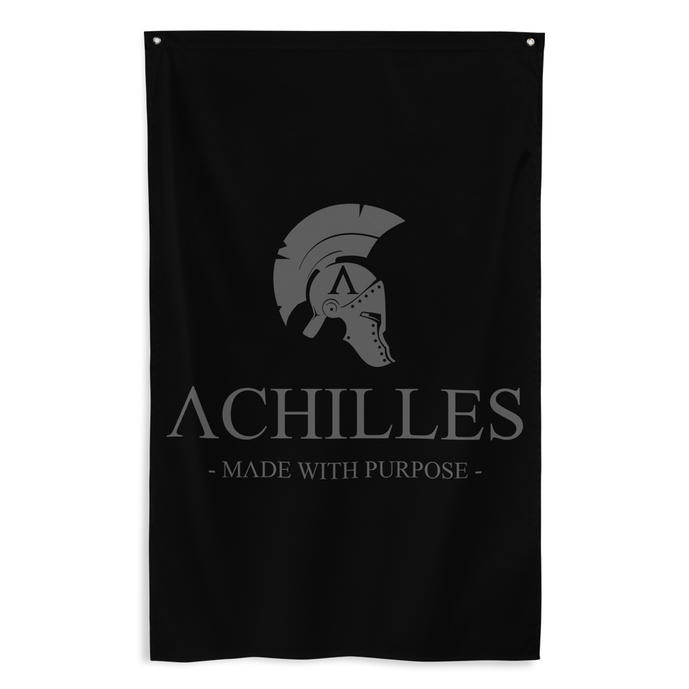 Front view of all over print vertical banner flag from Achilles Tactical Clothing Brand with Signature design