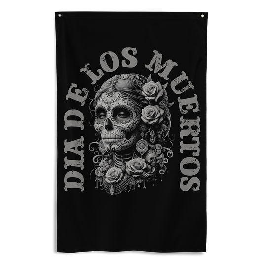 Front view of all over print vertical banner flag from Achilles Tactical Clothing Brand with Dia De Los Muertos design