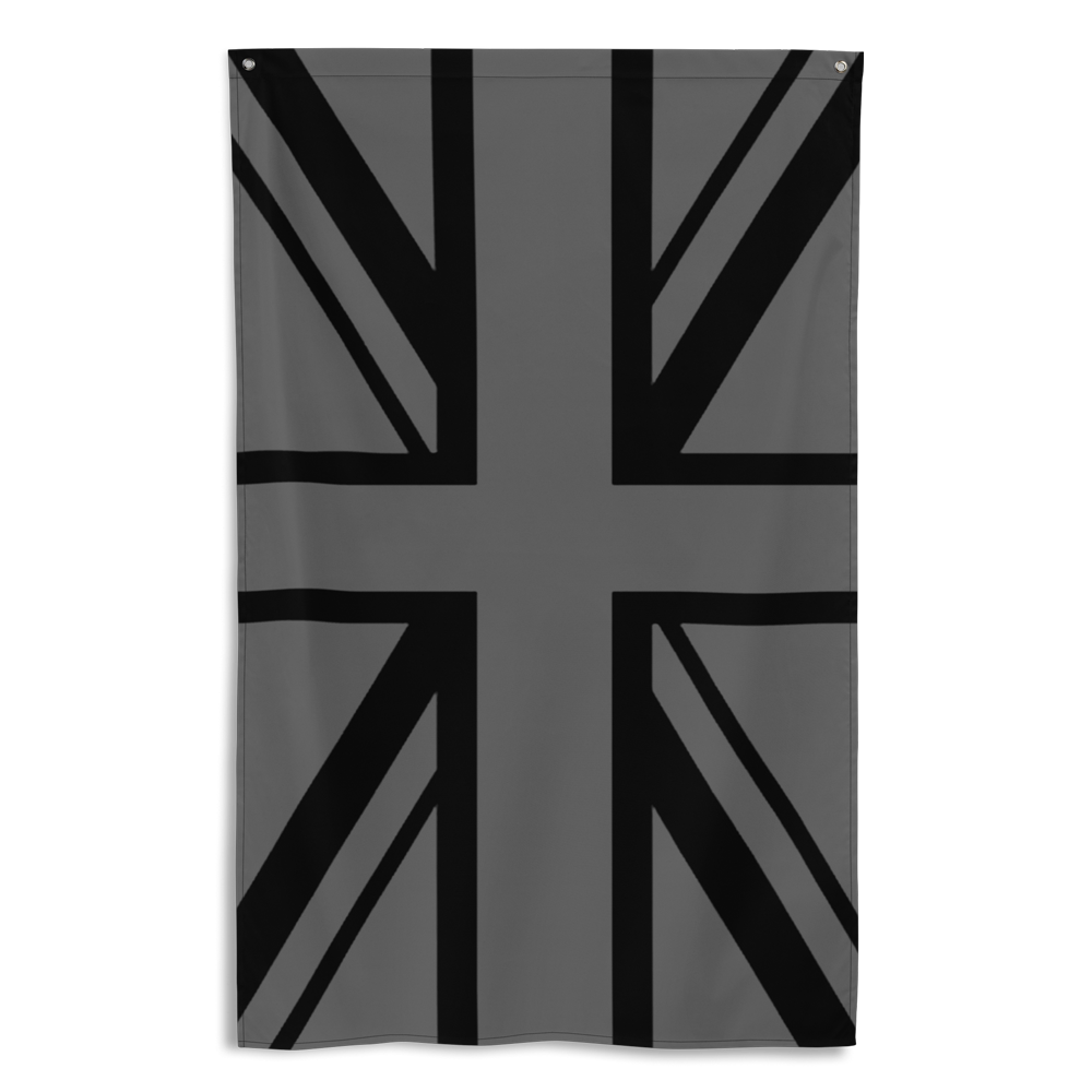 Front view of all over print vertical banner flag from Achilles Tactical Clothing Brand with Grey Union Flag design