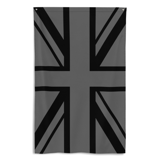 Front view of all over print vertical banner flag from Achilles Tactical Clothing Brand with Grey Union Flag design