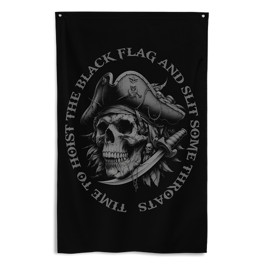 Front view of all over print vertical banner flag from Achilles Tactical Clothing Brand with Raise the black flag design