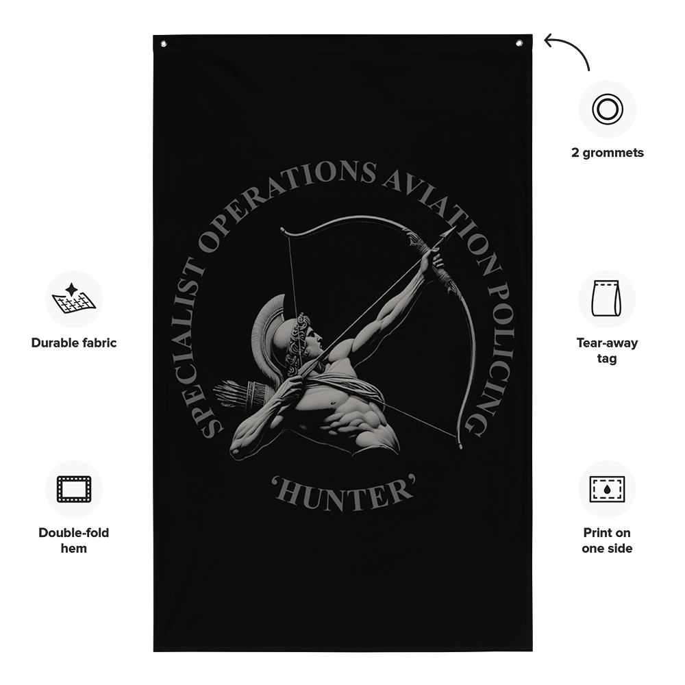 Front view of all over print vertical banner flag from Achilles Tactical Clothing Brand with Hunter police design with details