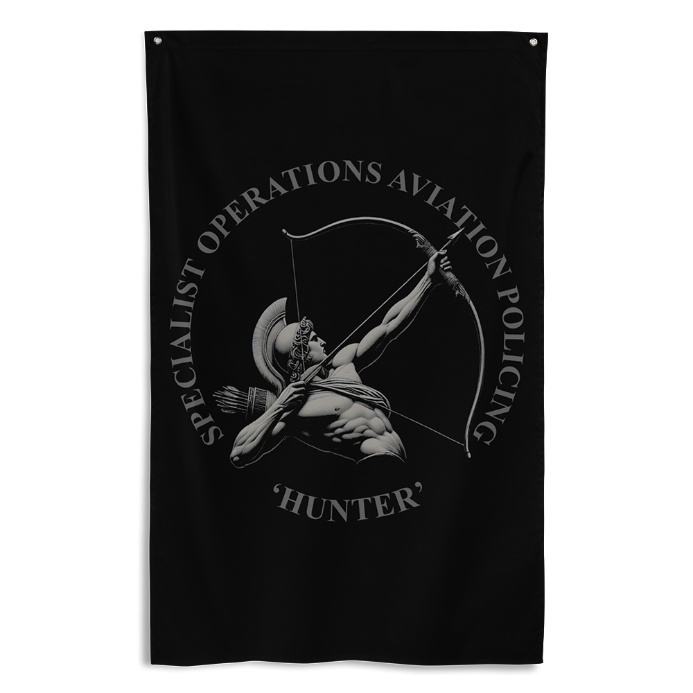 Front view of all over print vertical banner flag from Achilles Tactical Clothing Brand with Hunter police design