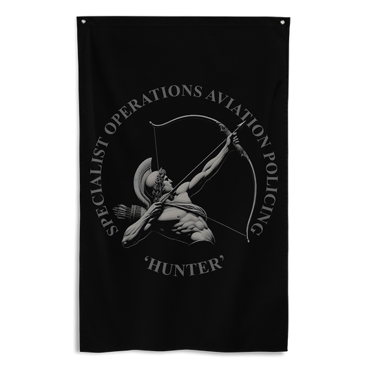 Front view of all over print vertical banner flag from Achilles Tactical Clothing Brand with Hunter police design