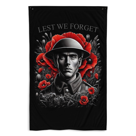 Front view of all over print vertical banner flag from Achilles Tactical Clothing Brand with Lest we forget design