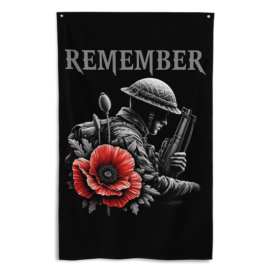 Front view of all over print vertical banner flag from Achilles Tactical Clothing Brand with Remember poppy design