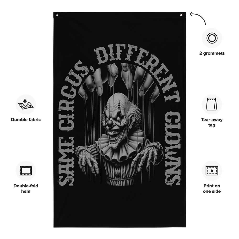 Front view of all over print vertical banner flag from Achilles Tactical Clothing Brand with Same Circus design wth details