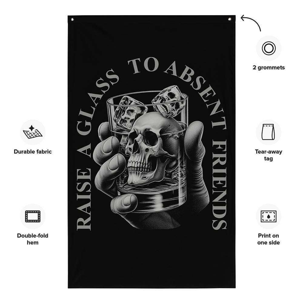 Front view of all over print vertical banner flag from Achilles Tactical Clothing Brand with To Absent Friends design with details