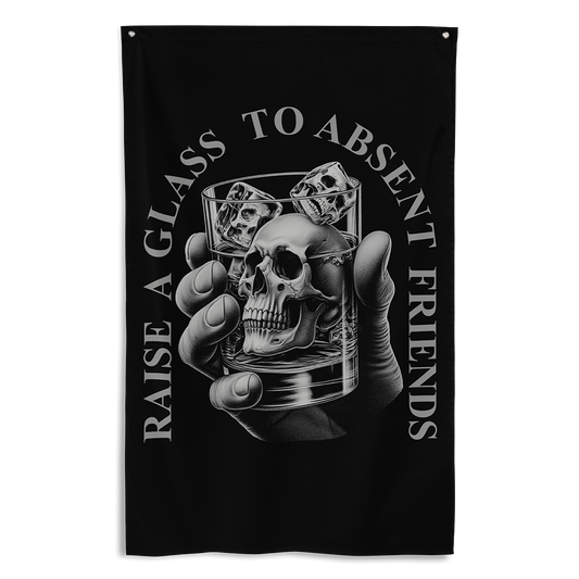 Front view of all over print vertical banner flag from Achilles Tactical Clothing Brand with To Absent Friends design