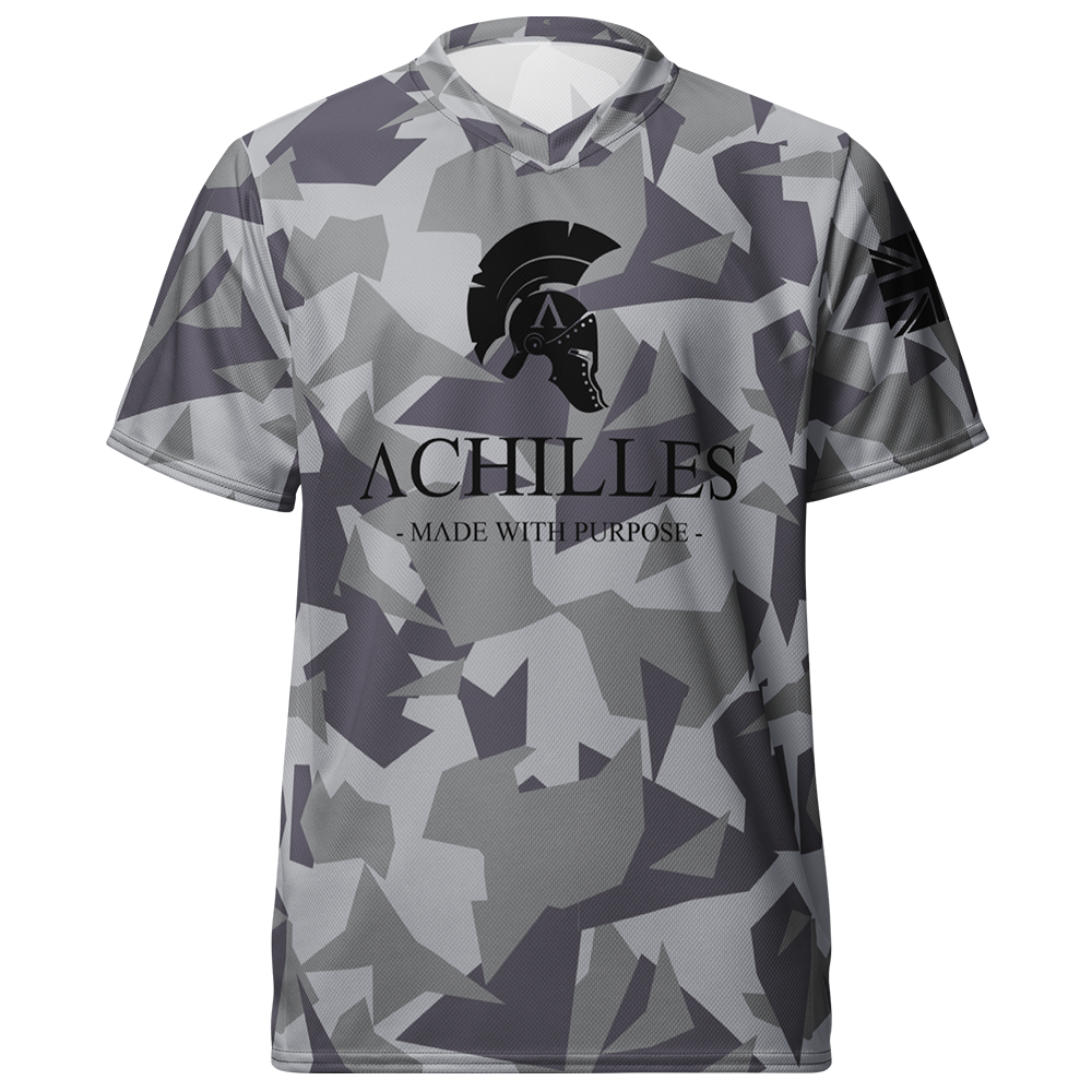 Front view of Geo Grey Cam short sleeve unisex fit Performance Jersey by Achilles Tactical Clothing Brand printed with Black Signature design