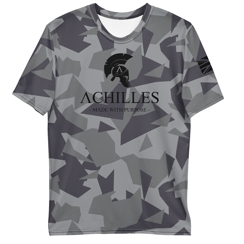 Front view of Geo Grey Cam short sleeve unisex fit athletic Tee by Achilles Tactical Clothing Brand printed with black Signature design across chest