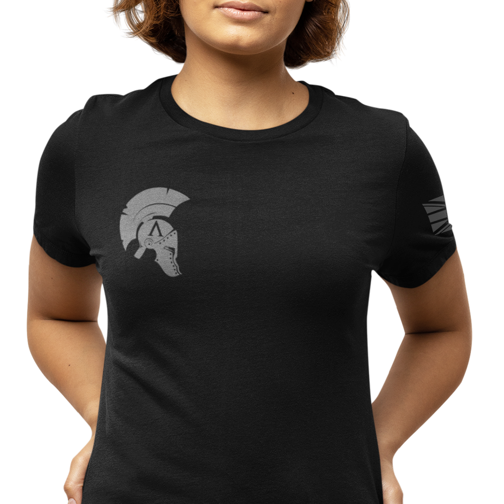 Front view of woman wearing black short sleeve unisex fit original T-Shirt by Achilles Tactical Clothing Brand Alpha design