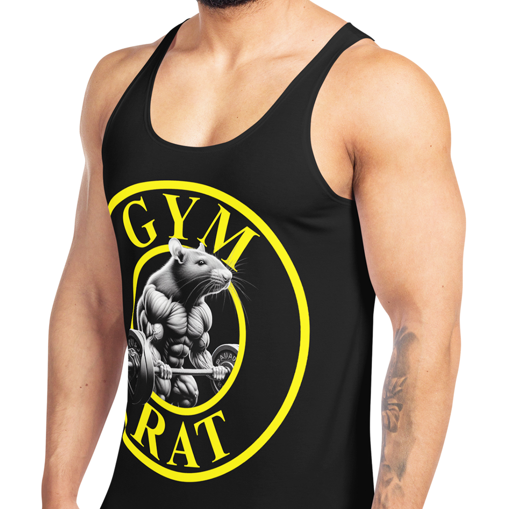 Front left view of man wearing Black sleeveless Tank top by Achilles Tactical Clothing Brand printed with Gym rat design