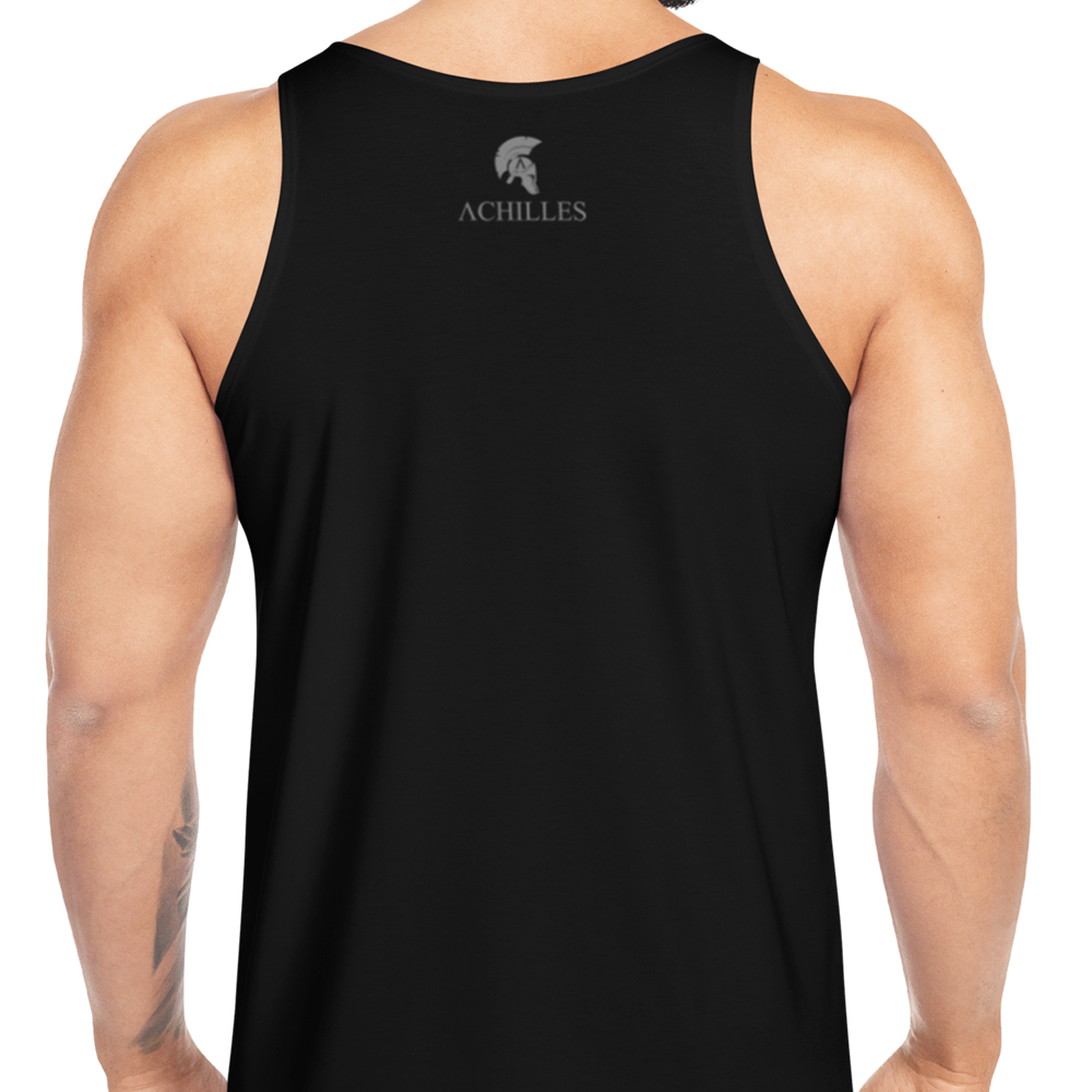 Back view of man wearing Black sleeveless Tank top by Achilles Tactical Clothing Brand printed with Gym Rat design