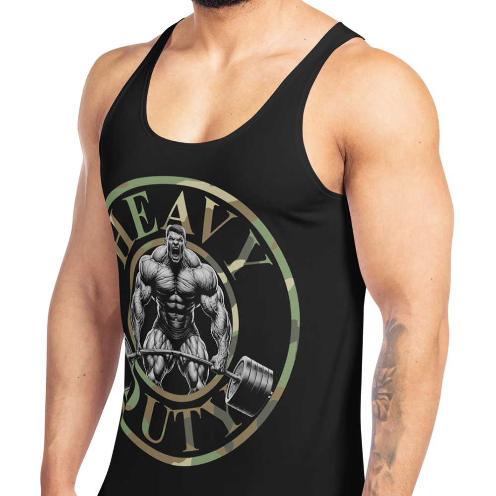 Front left view of man wearing Black sleeveless Tank top by Achilles Tactical Clothing Brand printed with grey Heavy Duty design