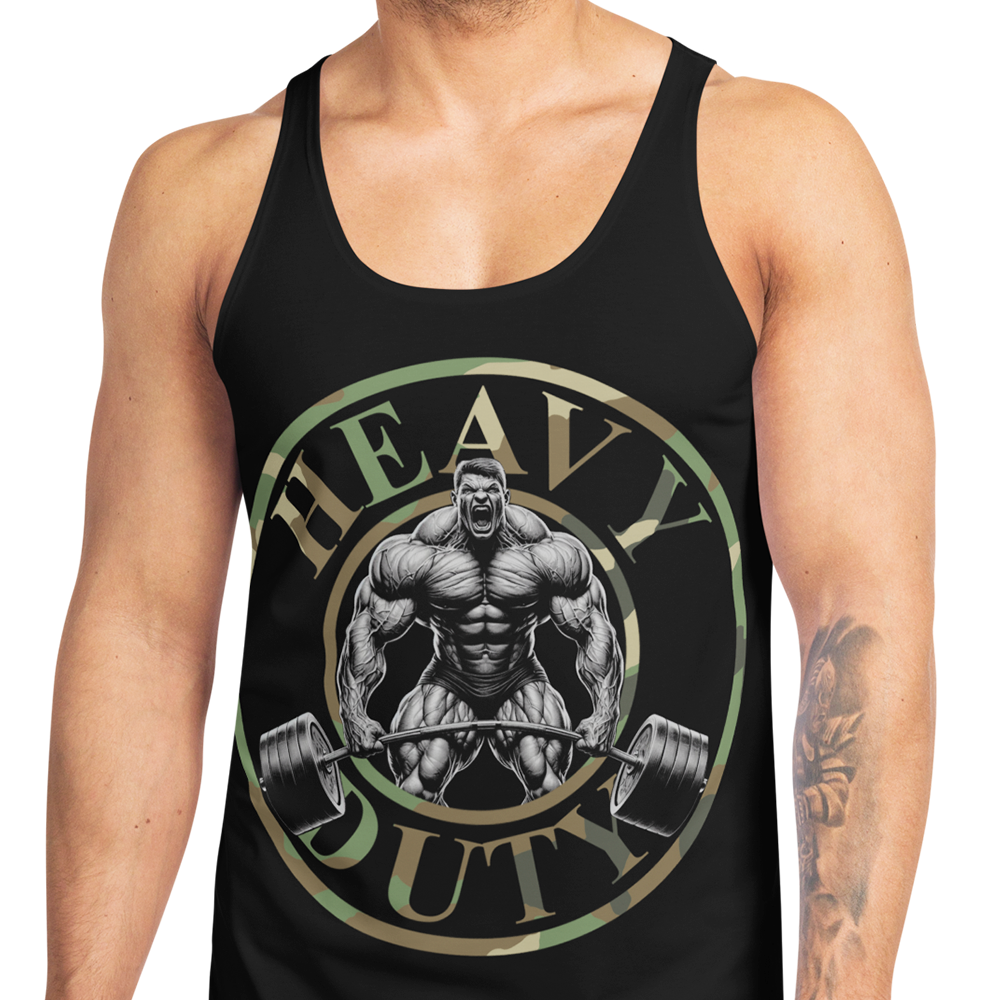 Front view of man wearing Black sleeveless Tank top by Achilles Tactical Clothing Brand printed with grey Heavy Duty design